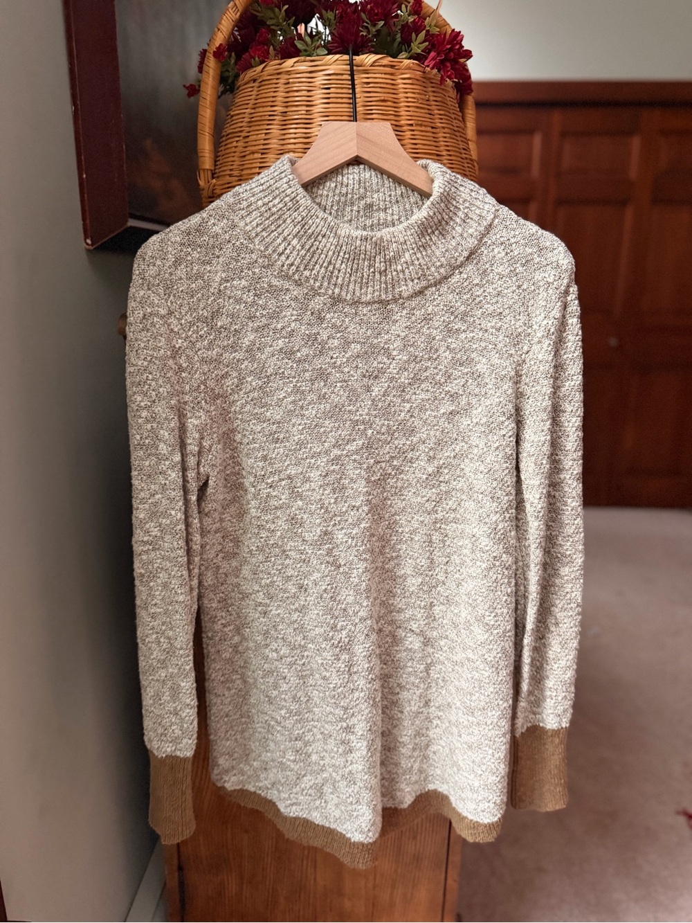 Bean Signature Cream Knit Funnel Neck Sweater with Brown Cuff and Hem